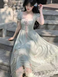 Women Gentle Style Vintage Dress Sweet Bow Short Sleeve Dress French Lace Splice Korean Popular Chic Long Dress New Summer 2025