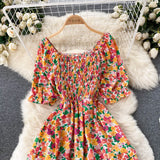 Pbong  Women Fashion Printed Elastic Waist Split A-line Long Dress Vintage Puff Sleeve Chic Lady Dress Summer Beach Outfits