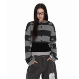 Deeptown Vintage Striped Knitted Cardigan Women Harajuku Y2k Crop Tops American Retro Gothic Streetwear Cardigan Aesthetics