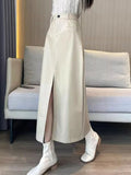Sexy Slit Pu Long Skirt Women High Waist Slim Vintage Skirts Casual Fall Winter Lady Solid Retro American Streetwear Long Skirt