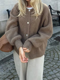 Pbong  Women's Knit Outerwear Solid Color Cardigan Fuzzy Long Sleeve Button Down Sweater Soft Knit Tops