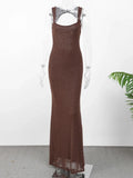 Elegant Bead Mesh Patchwork Long Dress For Women Backless O-neck Sleeveless Slim Robes Shiny Party Club Sexy Dresses