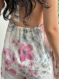 Women Floral Print Tank Tops V-Neck Tie-Up Halter Casual Vest Summer Sleeveless Tops Streetwear