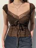 Lace-up Lace Patchwork Y2K Top Short Sleeve Summer Casual Cute Clothes Vintage Tank Tops Coquette T-shirt Women Tees