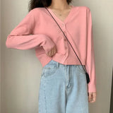 Women's Long Sleeve Cropped Cardigan V Neck Button Down Sweater Jacket Single Breasted Plain Fitted Knit Cardigan Basic Outfit