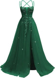 Pbong  Lace Applique Sparkly Tulle Prom Dresses for Women with Slit Spaghetti Straps Backless A Line Long Ball Gown