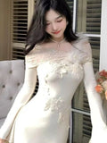 Autumn New Elegant Midi Dresses For Women Lace Patchwork Flare Sleeve A-line Dress Birthday Party Dance Wedding Vestidos Mujer