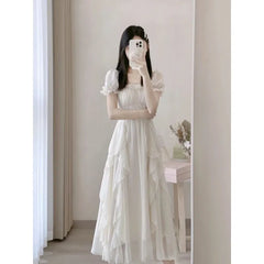Women's Summer Dress Chiffon Fairy Solid Chic Party Midi Dress 2023 New Korean White Elegant High Waist Slim Long Skirt Y2k