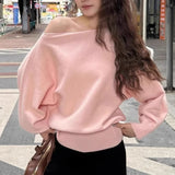 Pbong  Loose Casual Autumn Outwear Pull Batwing Long Sleeve Knitted Pullover Women 380g Thick Off Shoulder Top Korean Fashion Sweater