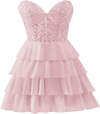Pbong  Lace Tiered Chiffon Homecoming Dresses Strapless Corset Short Prom Dresses for Teens