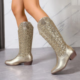 Pbong  Sequin Round-Toe Chunky Heel Slip-On Side-Ear Fashion Concert Party Banquet Elegant High-Top Women's Boots