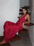 Elegant V-neck Rose Print Long Dress Women Bandage Draped Maxi Sleeveless Tank Dress Evening Party Vintage Clothing