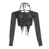 Pbong  Gray Mystic Sexy Lace Cutout Retro Mature Charm Feminine Party Queen Senior Women's Long Sleeve Tuxedo Top