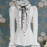Pbong  Temperament Women Shirt Stand Neck Long Sleeve Tunic Blouses Blusas Mujer De Moda Chic Ruffles Bow White Blouse Tops
