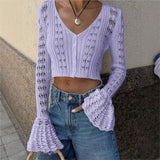 2025 New Knit Flare Sleeve V-neck Hollow Out Short Coat Fashion Casual Button Transparent Summer Cardigan Top Cover-up Jacket