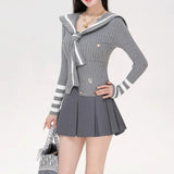 Preppy Style Knitted Cardigan Women Striped Sailor Collar Cute Long Sleeve Sweater Elegant Sweet Autumn Winter Cardigan