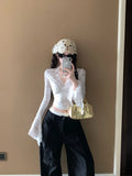 Women's Long Sleeve Lace Top V-neck Flared Sleeve Sheer Lace Crop T-shirt Teen-girl Coquette Fairycore Y2K Outfit