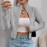 Zip Up Crop Cardigan for Women Boxy-fit Zipper Front Cable Knit Sweater Jacket Autumn Winter Teen-girl Y2K Outfit