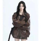 Retro Ladies Fashion Zipper Faux Leather Jacket Spring Autumn Women Long Sleeves Leather Coat 2025 Female PU Leather Outwear