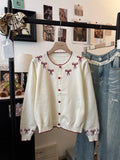 Cute Contrast Bow Sweater Cardigan Women's Autumn Winter Long Sleeve Single Breasted Knit Jacket Tops Korean Sweet Outfit