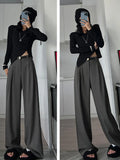 Fall Winter Elegant Gray Suits Pants for Women Office Lady High Waist Wide Leg Fashion Trousers with Pockets Black Pants