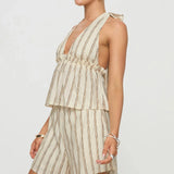 Pbong  Womens 2Pieces Striped Loungewear Set Tie-Up Halter V-Neck Sleeveless Backless Tank Tops+Elastic Waist Shorts Outfits