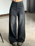 Vintage Women's Black Grey High Waist Jeans Y2K Fashion Baggy Loose Straight Wide Leg Baggy Denim Trousers Pants