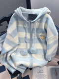 Cartoon Striped Hooded Cardigan Women Loose Cute Long Sleeve Sweet Knitted Sweater Preppy Style Female Kawaii Vintage Tops