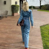 Autumn Denim Jumpsuit for Women Overalls Woman Jean Overalls Long Sleeve Elegant Jumpsuits Y2k Streetwear Turn Down Collar