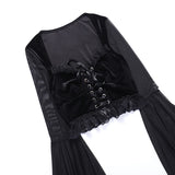 Sexy Goth Lace-up Long Flared Sleeve T-Shirts for Women Vintage Black Velvet Lace Trim Corset Crop Tops Y2K Grunge Streetwear