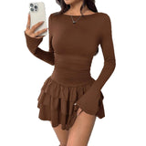 Pbong  New Autumn Winter Solid Color Cascading Ruffles Mini Dress Women Elegant Flare Sleeve High Waist Sexy Party Bodycon Dresses
