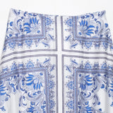 Women's Fashion Retro Vacation Style Blue Flower Printed High Waisted Skirt Boho Women Summer Skirt 2025 New Female Clothing
