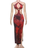 Metal Patchwork Sexy Backless Maxi Dress Women Butterfly Lace-Up Halter Irregular Hollow Splits Beach Party Vestidos