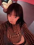 Retro Plaid Crop Tops Long Sleeve Y2k Vintage T Shirt Women Push Up Tee Tops Fairycore 2000s Japanese Grunge Tops Tee