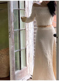 Slash Neck Long Sleeve T-shirt And Long Skirt Suit 2pcs Hollow Out Knit Vacation Women Sets 2025 Summer Spring Female Clothing