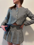 2025 New Spring Houndstooth Tweed Short Coat And Pleated Skirt Women Sets Single Breasted Retro Jacket + High Waist Skirt Suit