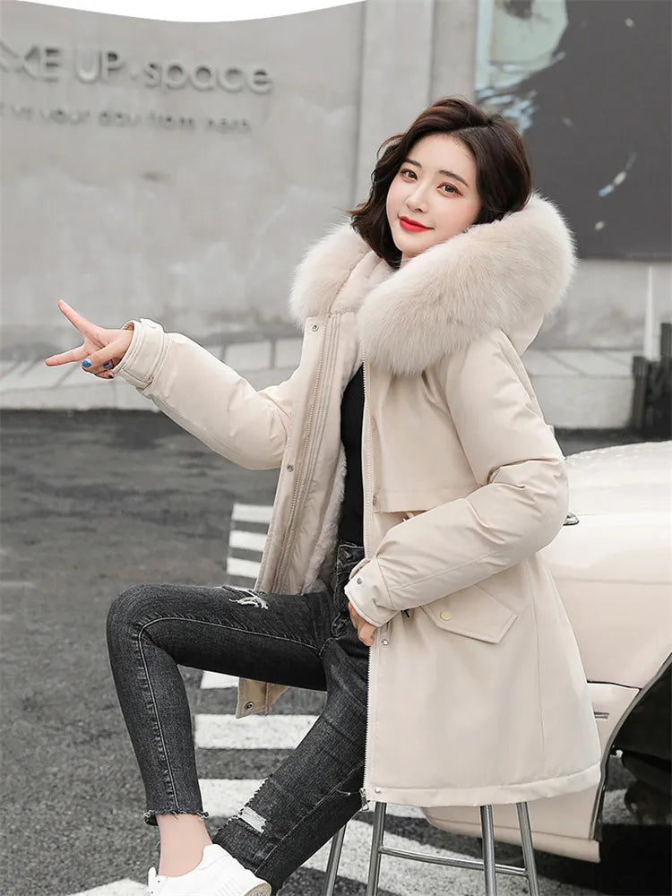 Winter Coat Low Price On Sale Women Beige Add Wool Thick Warmth Fur Hooded Parkas Jacket 2023 New Fashion Belt Slim Cotton Coat