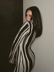 Fashion Leopard Print Women Slim Dress Striped Long Sleeve O Neck High Waist Female Dresses Spring Wave Party Evening Robe