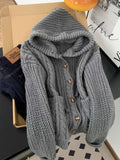 Vintage Y2K Gray Hooded Cardigan Women Lazy Wind American Harajuku Knitted Sweater Fall Winter Retro Long Sleeve Bf Casual Tops