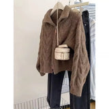 Women Autumn Winter New Lazy Style Loose Knitted Cardigan Retro Solid Color Double Zipper Turn-down Collar Sweater New Women Top