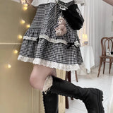Kawaii Plaid Women Short Skirt Lolita Ruffle Japanese Style Lace Bow Mini Skirts Cutecore Sweet Pleated Preppy Skirt