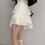 Pbong  Korean Chic Skirts For Women High Waist Irregular Jupe Patchwork Lace Ruffles Saia Summer Sweet Skirt Faldas Mujer De Moda