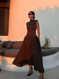 Elegant Oblique Collar Pleated A-line Dress For Women Fashion Brown Sleeveless Slim Long Dresses New Evening Party Gowns