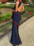 Pbong  Elegant Spliced Sheer Mesh Dress for Women O Neck Sleeveless High Waist Hit Color Slimming Evening Dresses Female