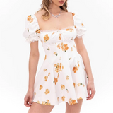 Pbong  Hit Color Printing Slimming Mini Dresses for Women Square Neck Short Leeve High Waist Temperament Dress Female