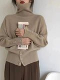 Turtleneck Sweater with Buttons Decor Funnel Neck Pullovers Grey Jumper for Women Ladies Cosy Autumn Winter Casual Outfit