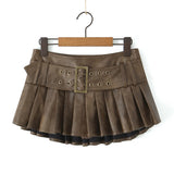 Korean Fashion Faux Leather Skirts For Woman Mini Skirts Low Waist Summer Vintage PU Leather Pleated Skirt With Belt Brown