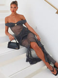 Mesh See Through Ruffled Sexy Maxi Dress For Women Gown Gray Off-shoulder Strapless Backless Ruched Long Dress Vestido