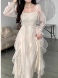 Women Elegant Solid Ruffles Fairy Dresses Korean Fashion Slim Wasit A Line Midi Dress Autumn Princess Party Vestidos New