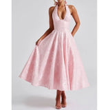 Elegant Sexy Evening Party Dresses Women Korean Style Halter V-neck Dress Sweet Backless Yellow Summer Solid Midi Dress